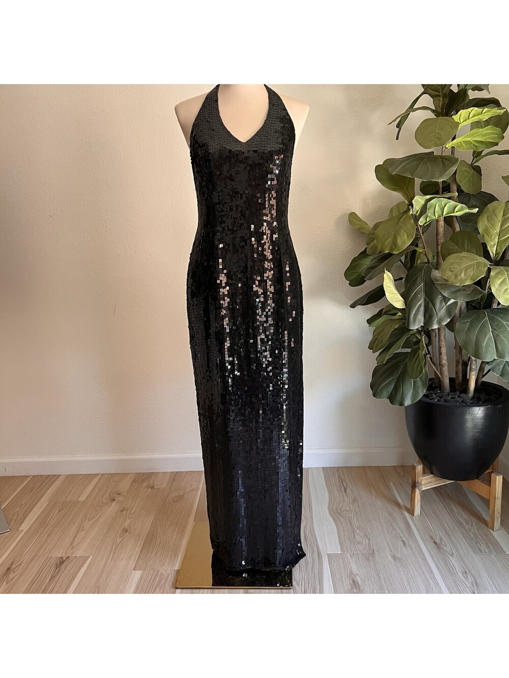 Vintage Basix II Silk Sequin Halter Evening Gown Cocktail Backless Prom Dress